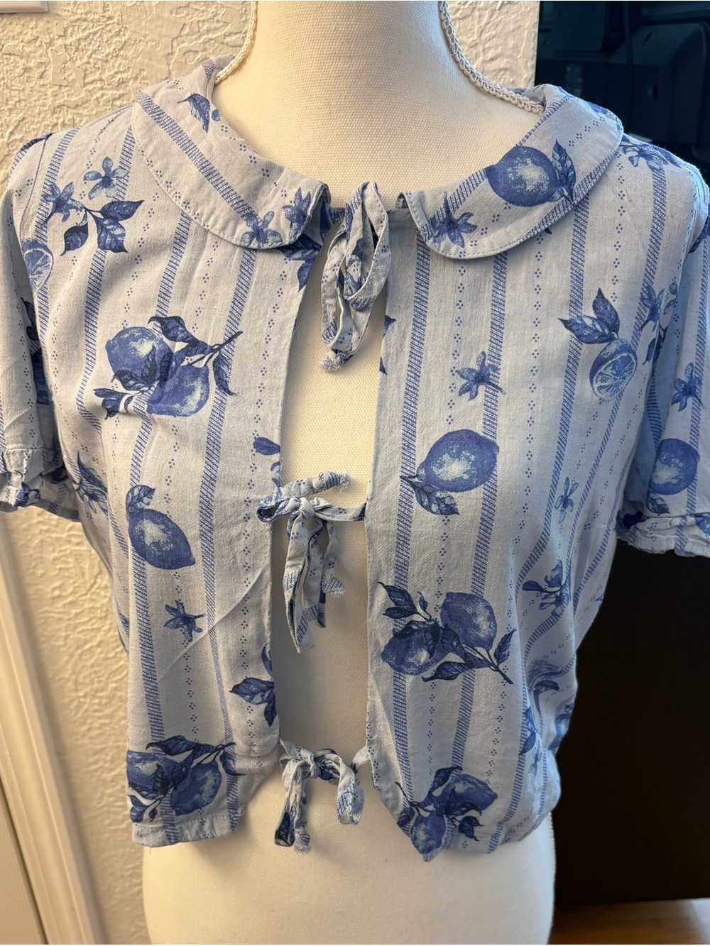 Self Esteem Blue Fruit-Print Tie Front Crop Top
